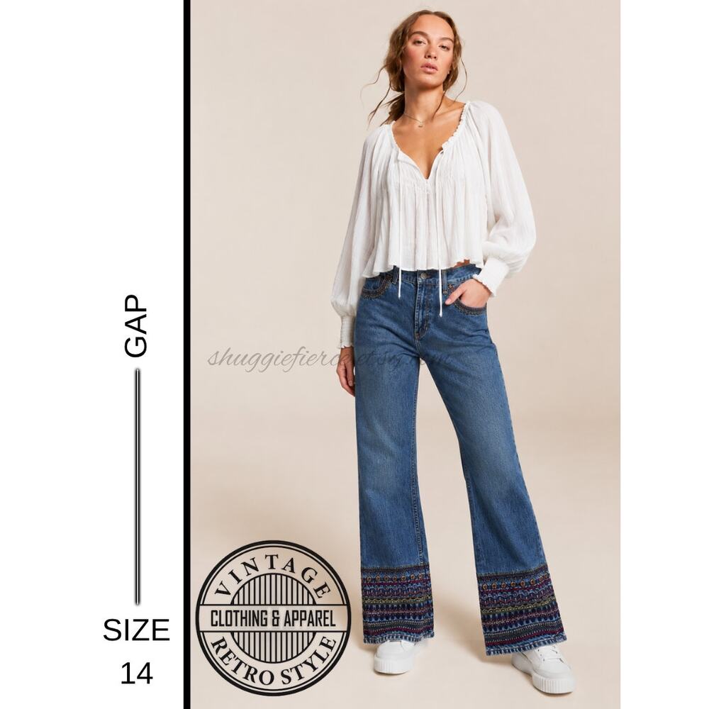 MSRP: $69 | ✨ Vintage 1999 GAP Embroidered Boot Cut Jeans Size 14 Tall Y2K Boho✨